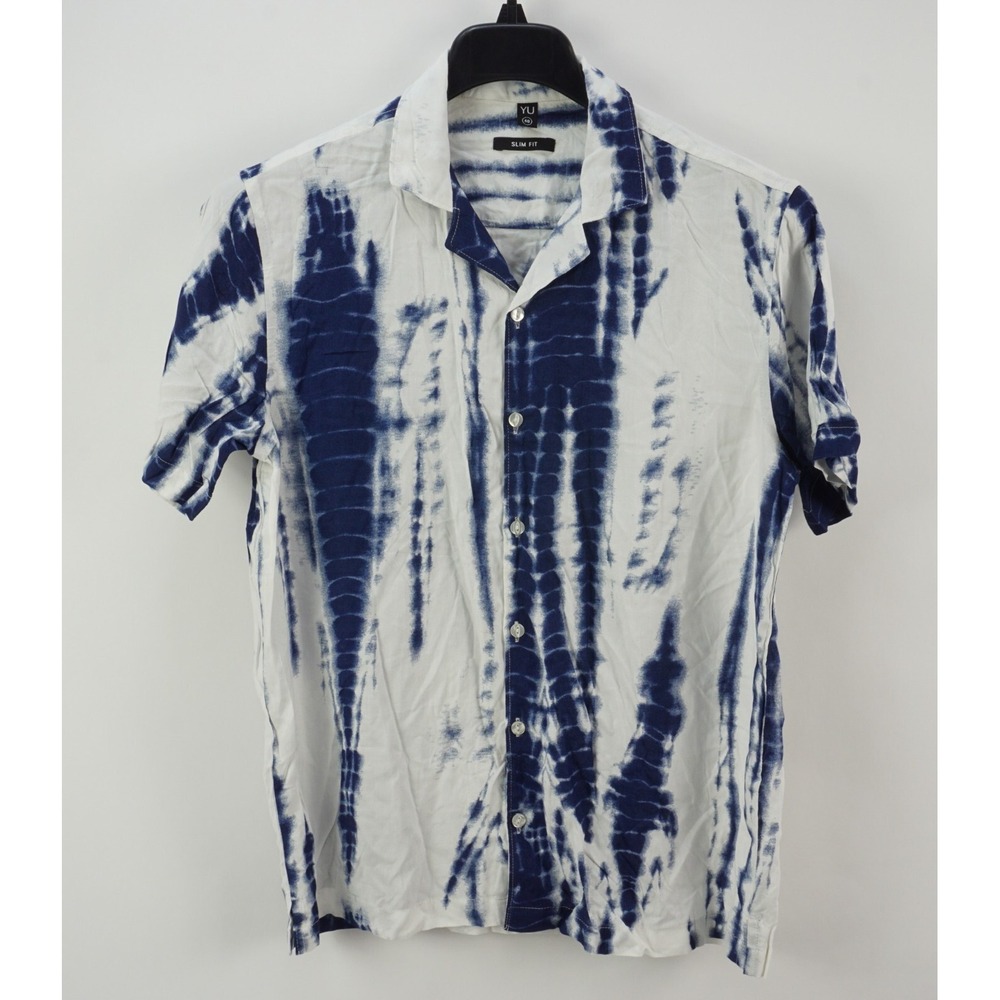 YU Men's 40 Medium Short Sleeve White Blue Acid Wash Viscose Open Camp Shirt